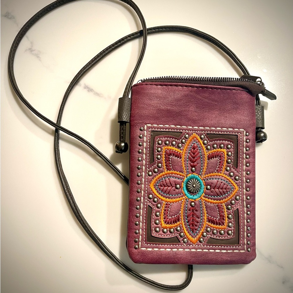 Plum Embroidered Floral Crossbody Phone Bag